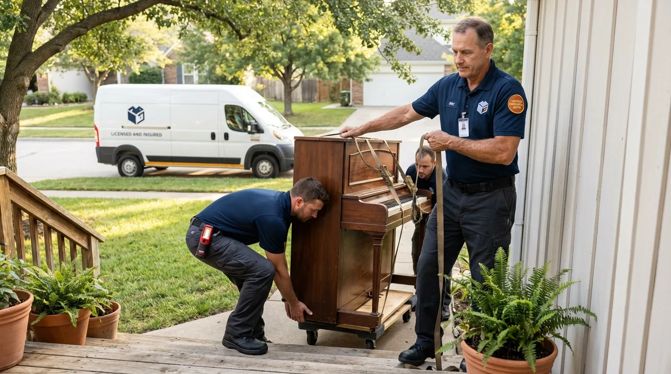 Licensed piano movers securing grand piano in Waukomis, OK