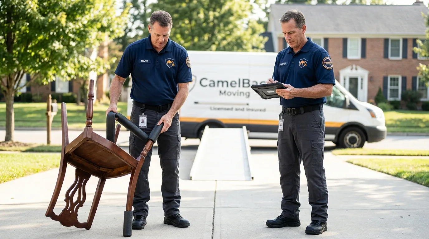 Movers inspecting furniture for damage prevention before loading in Waukomis, OK