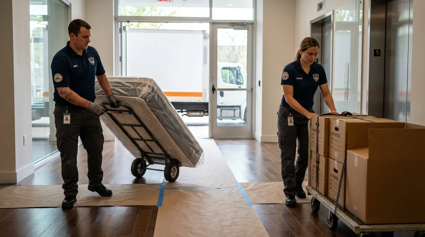 Professional apartment movers loading elevator in Waukomis, OK