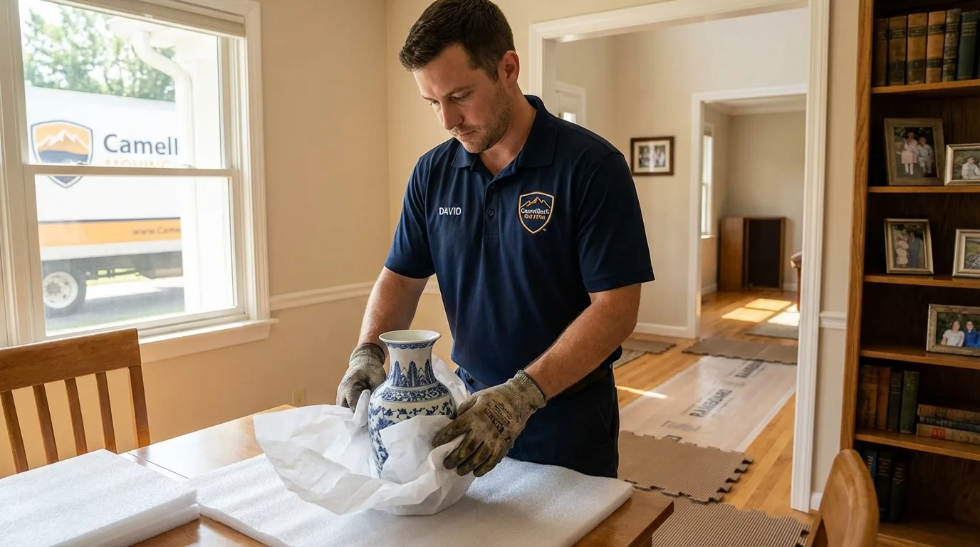 Professional crew carefully wrapping antique vase for senior downsizing move in Waukomis, OK